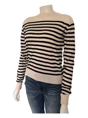 Zara Striped Sweater Small Cream Black Crewneck Knit Long Sleeve Pullover Tops